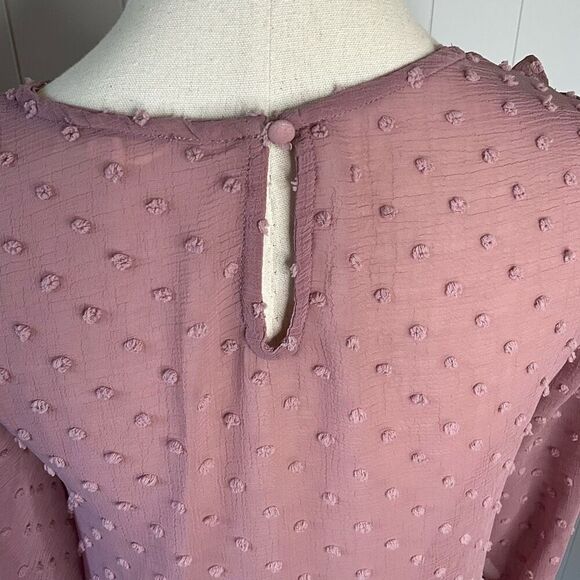 EM Womens Size Small Pullover Blouse Pink Dots Textured Ruffles Long Sleeves - Picture 9 of 14